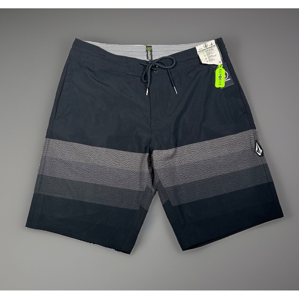 NWT-Volcom Board Shorts Men 32 Quarta Static Stoney Black Mid Length Hemp Fiber